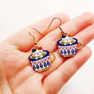 Cat in Teacup Dangle Earrings: Enamel Kitty Earrings