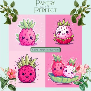 Cute Kawaii Pitaya/Dragonfruit Clipart, Template, Sticker, Set of 4 Printable.