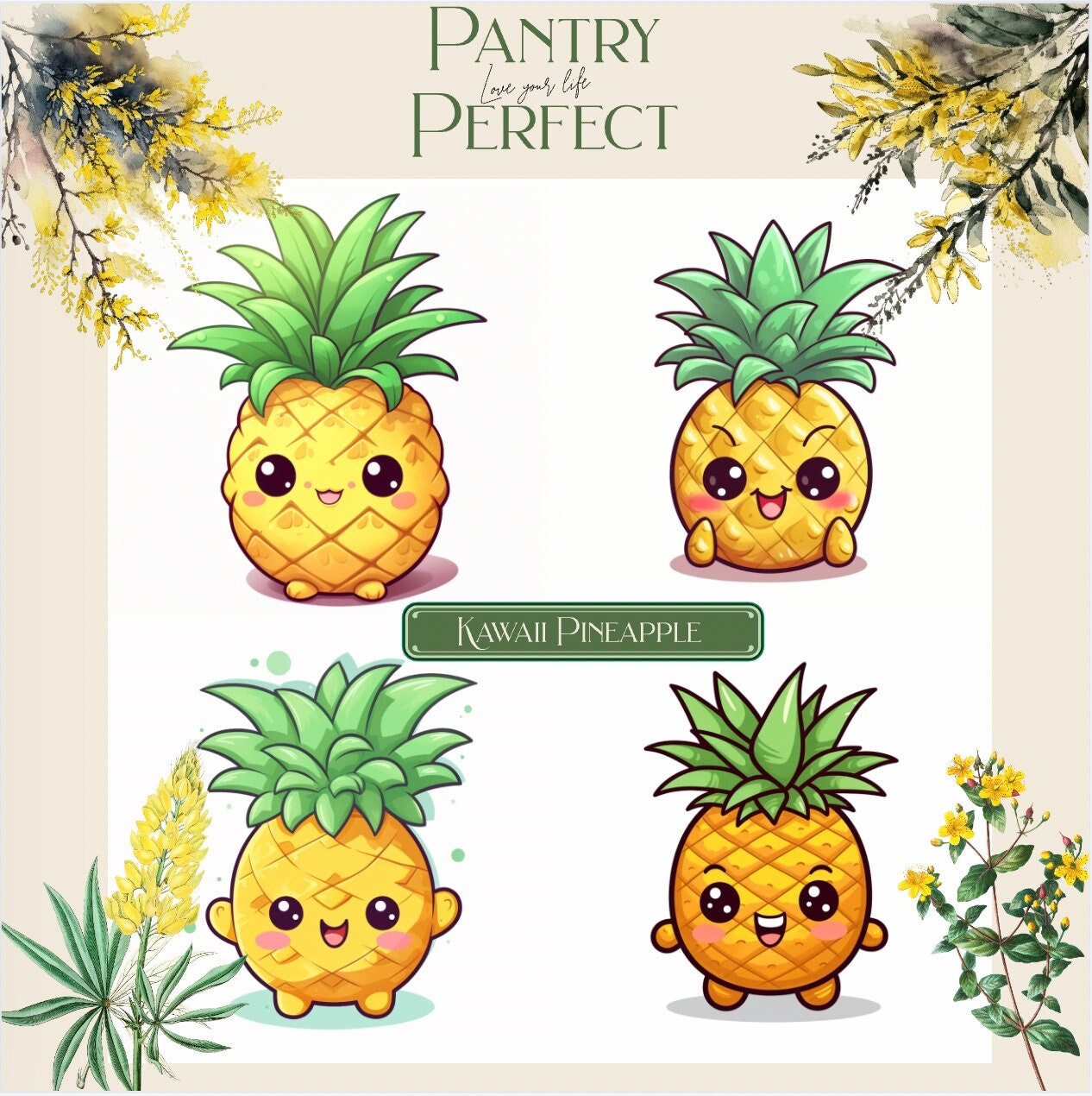 Cute Kawaii Pineapple Clipart, Template, Stickers, Set of 4 Printable ...