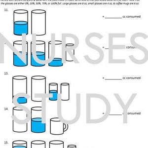 May include: A worksheet with a visual exercise for measuring fluid intake. The worksheet shows five different scenarios with various sized glasses and mugs filled with different amounts of liquid. Each scenario has a line for the user to write in the total fluid intake in cubic centimeters.