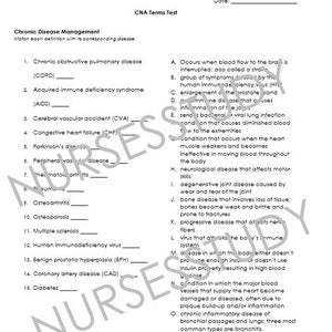 May include: A black and white worksheet with the title "CNA Terms Test" and a list of chronic diseases and their definitions. The worksheet is designed for a Certified Nursing Assistant (CNA) course.