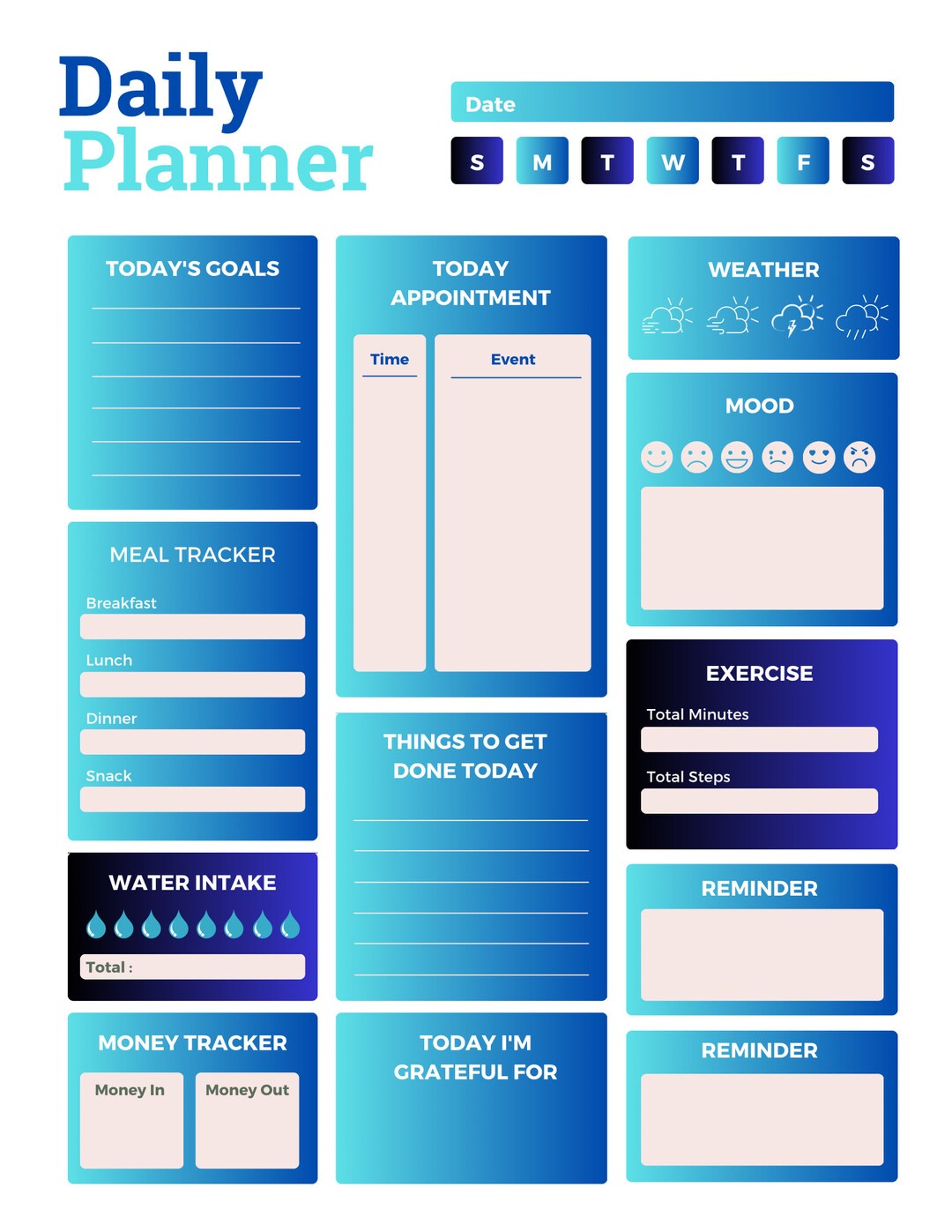 Deep Blue Daily Planner Sheet - Etsy