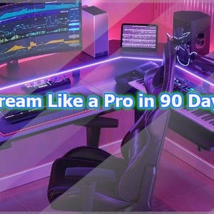 May include: A modern streaming setup with a curved monitor, keyboard, and audio equipment. The text "Stream Like a Pro in 90 Days" is displayed across the image. The scene is illuminated with purple and pink lighting, creating a tech-focused aesthetic.