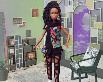 Edgy Street Clothes Doll Outfit – Abstract Embroidered Tunic & Cut-Out Pants  - Doll 29cm / 11.5&quot;