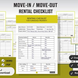 May include: A printable move-in/move-out rental checklist for furnished properties. The checklist includes sections for cleaning conditions, meter readings, and rooms inspection. The document is available for instant download in PDF and Word formats.
