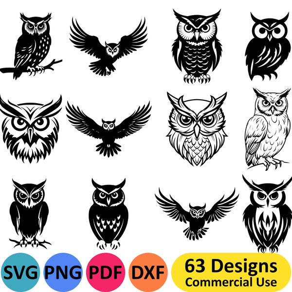 Owl SVG Bundle - 63 different designs of owls perched, flying and heads