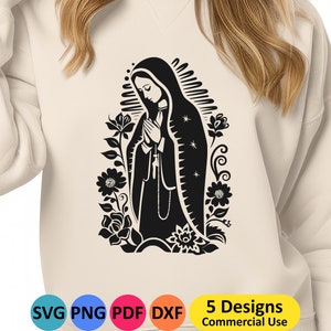 Señora de Guadalupe SVG - 5 diferentes diseños de camisetas o sudaderas de la Madre de Jesús archivos SVG para la religión cristiana PNG Virgen María