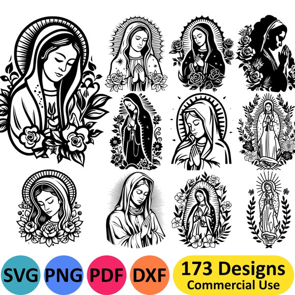 Virgin Mary SVG Bundle - 173 different Mother of Jesus SVG files for Christian Religion PNG T-Shirt Designs