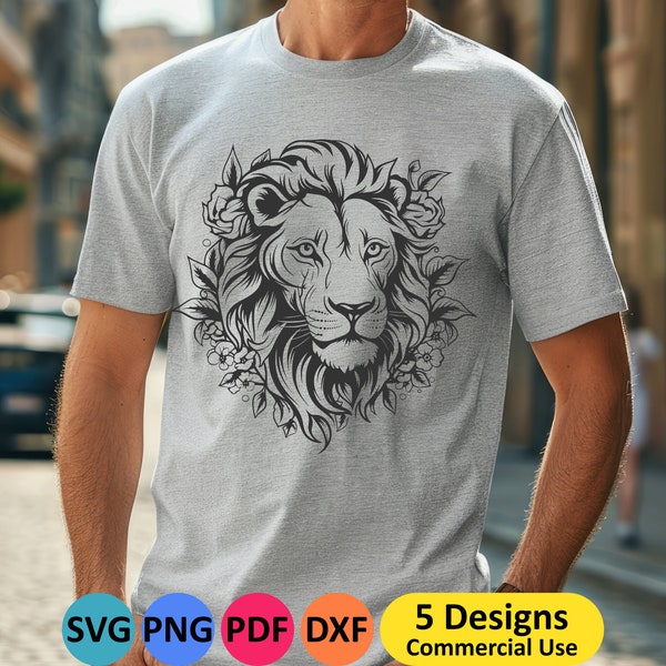 Lion SVG Safari Animal PNG, vector image for download, printable zoo drawing for cricut, realistic and ornate image for mens clothing flower