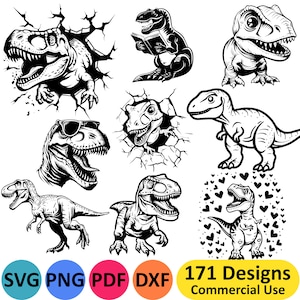 T Rex SVG Dinosaur Bundle Trex PNG Clipart, disegni digitali di clip art di dinosauri, immagini di Tyrannosaurus Rex, download di disegni giurassici per vinile