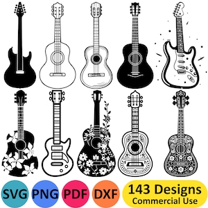 Gitaar SVG-muziek PNG-bundel, digitale vectorkunst om te downloaden, akoestische clipart, elektrische illustraties gesneden bestanden, afdrukbare ontwerpen voor de cricut