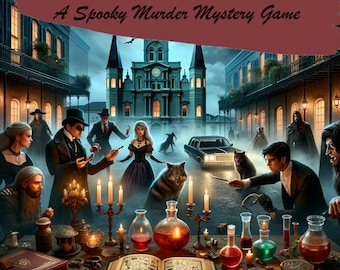 May include: A spooky murder mystery game set in a dark, atmospheric city. The game features a group of characters gathered around a table with candles, potions, and a book. The text on the image reads "Crescent Bloodlust: A Spooky Murder Mystery Game".