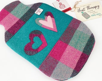 Harris Tweed Hot Water Bottle Cover. Patchwork Applique Hearts Heat Therapy Relaxation Mindfulness Eco Gift for Her