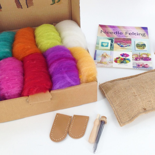 Needle Felting Starter Kit 200g British Hand Dyed Carded Wool. Book, Burlap Needle Felting Mat, Felting Needle, Hand Stitched Finger Guards