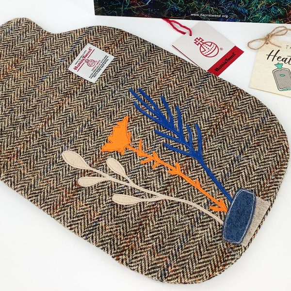 Harris Tweed Hot Water Bottle Cover. Delicate Flower Wool Applique. Heat Therapy Relaxation Mindfulness Gift for Her