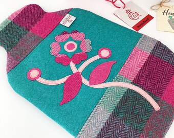 Harris Tweed Hot Water Bottle Cover. Wool Flower Raw Edge Applique Jade Pink Patchwork