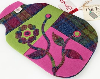 Harris Tweed Hot Water Bottle Cover Patchwork Wandering Flower Applique. Wool Heat Therapy Relaxation Mindfulness Eco Gift for Her