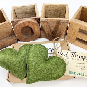 Green Wool Heart Hand Warmers: Lavender Scented Mini Wheat Bags