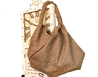 Japanische Bento Origami Große Wolle Sloughy Einkaufstasche Shopper aus irischem Donegal Tweed. Handgefertigter Keltischer Boho Style