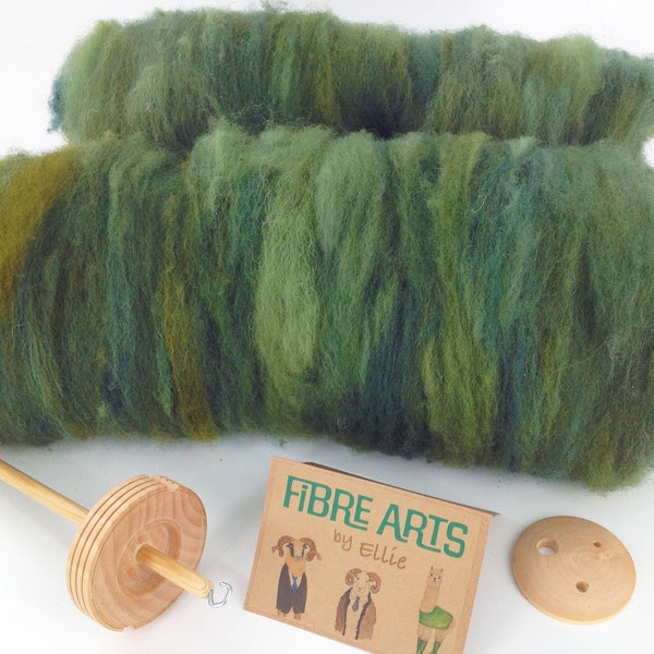 Beginners Spinning Kit. 200g Hand Washed and Dyed Green Carded Jacob Wool Art Batt Blend with Top Whorl Drop Spindle and Spinners Diz