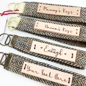 Custom Harris Tweed Keyring. Personalised Leather Tag Key Fob Wristlet Hand Crafted Gift
