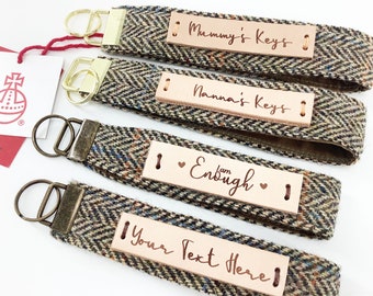 Harris Tweed Keyring. Personalised Leather Tag Key Fob Wristlet