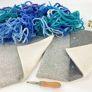 No Sew 100% Wool Rag Rug Kit. Wool Cotton Monks Cloth Cushions, Rug Hook, Wool Fabric in Sea Blue Shades