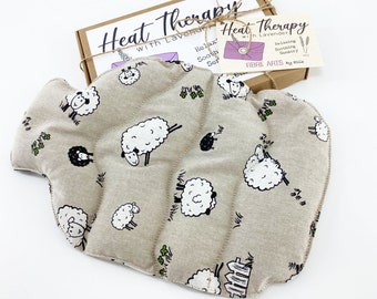 Microwave Wheat Bag. 2L Hot Water Bottle Shaped Microwave Heat Pack. 36cm by 21cm Hand Crafted Heat Therapy Sheep Themed Eco Gift