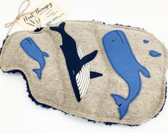 Whale Wheat Bag. Applique Boiled Wool and Sherpa Fleece. Lavender Scented or Unscented Mindfulness Gift. Hot Water Bottle Cover Option