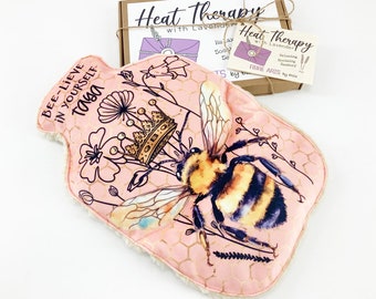 Personalised Bee Hot Water Bottle Shaped Heat Pack. Personalised Scented Wheat Bag Heat Therapy Gift
