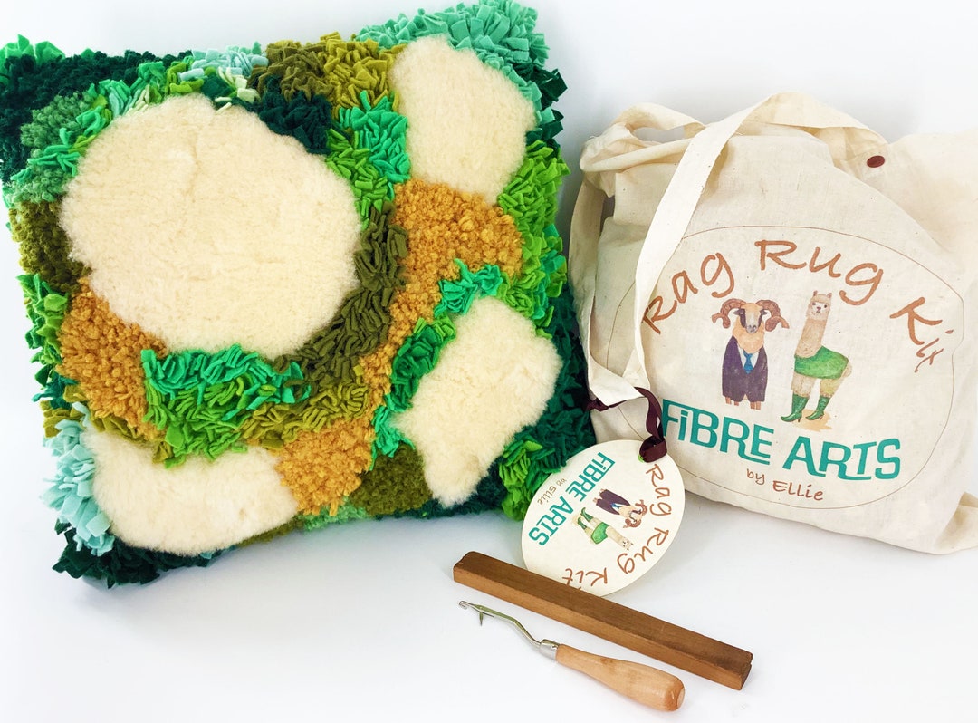 Rag Rug Cushion Kit. Mixed Media Fibre Art Kit in Green Tones. Etsy