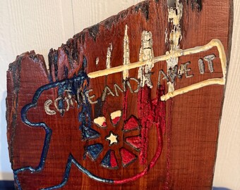 Texas “Come and Take It” Cannon Cedar Slice Art, Red White Blue Epoxy Inlay