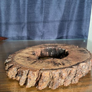 May include: A rustic wooden ring with a natural bark edge and a hole in the center. The ring is brown and has a rough texture.