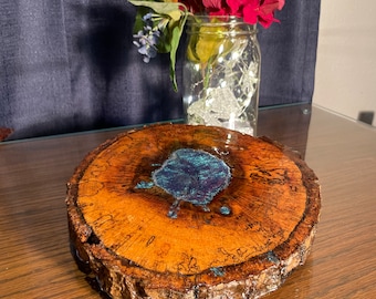Natural Hollowed Out Live Edge Oak Wood Slice with Epoxy Color inlay Turquoise Diamond Effect
