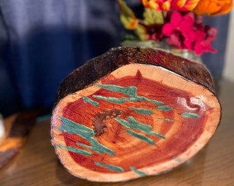 Natural Live Edge Wood Slab - Cedar with Epoxy Color inlay Peacock Green with accents of Gold