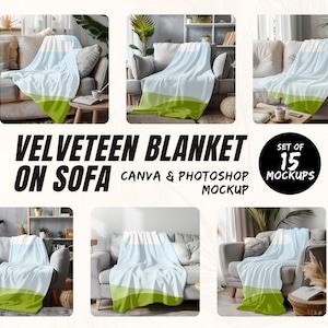 Customisable blanket Mockup Canva Bundle Velveteen Plush Blanket on Sofa Mockup Chunky Blanket Bundle