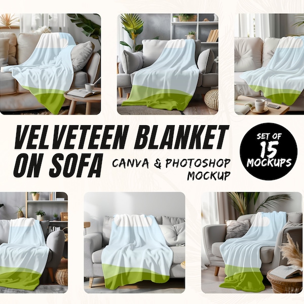 Velveteen Blanket on Sofa Canva & Photoshop Mockup Bundle Including Set of 15 Blanket  Mockups