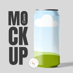 May include: A silver can with a blue and green design. The can has a white cloud and a green field with a light green hill. The text "MOCKUP" is in black letters on the left side of the image.