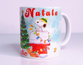 Personalized Christmas Mug with Snoopy and Tree – Custom Name Holiday Coffee Cup – Cute Christmas Gift Idea