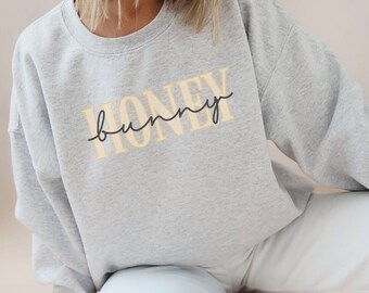 Honey Bunny Pullover Sweatshirt, Easter Shirt, Easter SVG 2024, Cursive Varsity Spring Top, My Honey Bunny Yellow Shirt for Women