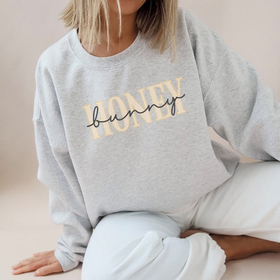 Honey Bunny Pullover Sweatshirt, Easter Shirt, Easter SVG 2024, Cursive Varsity Spring Top, My Honey Bunny Yellow Shirt for Women