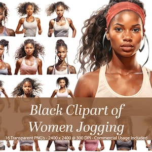 Beautiful African American Women Jogging Clipart Set.  African American Clip Art. Black People Clip Art. Health and Fitness.