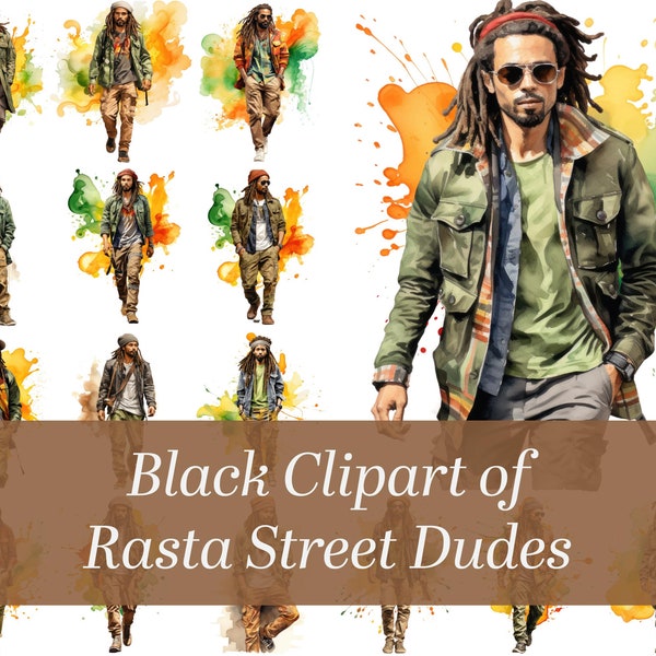 Black Clipart, African American Watercolor Clipart of Rasta Dudes wearing Street Clothing,  Black Men, Jamaican Men.