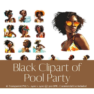 Clipart of beautiful African American Women playing at a Pool Party. Black Women Clipart. Bikini Clipart.  Digital Download. Commercial Use.
