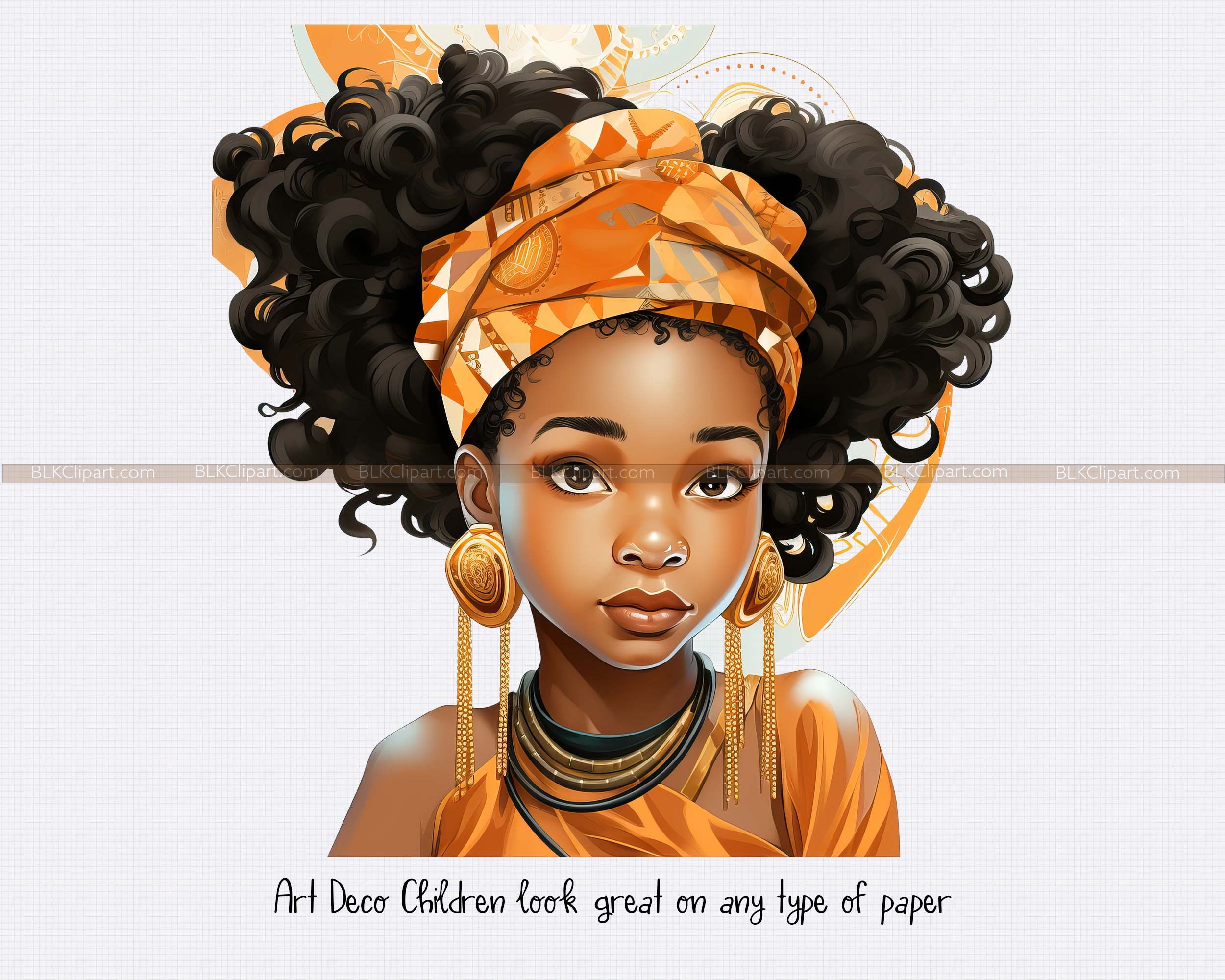 African American Art Deco Children Clipart. Beautiful Black Children