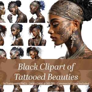 Peut inclure: Un ensemble de 16 images clipart numériques représentant des femmes noires avec des tatouages et des coiffures complexes. Les images sont au format PNG et mesurent 2400 x 2400 pixels à 300 DPI. L'utilisation commerciale est incluse.