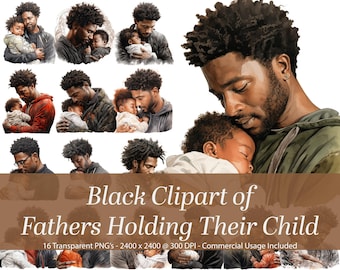 African American Fathers and Babies Watercolor Clipart (PNG Files)