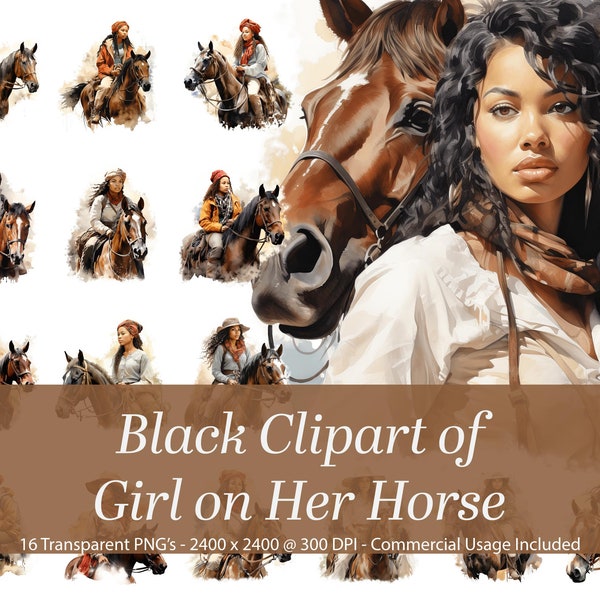 African American woman riding her horse.  Beautiful Black Woman Cowgirl.  Black people clipart. African American Clipart.