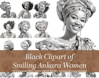 Ankara Women Clipart: African Fashion, Black and White (PNG Digital Files)