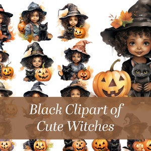 Afro-Amerikaanse Clipart. Mooie clipart van jonge zwarte meisjes verkleed als heksen, geweldig voor halloween-projecten.